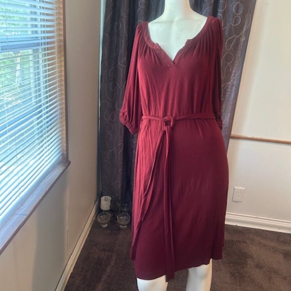Calvin Klein Burgundy split neck belted fit & flare dress, size 12